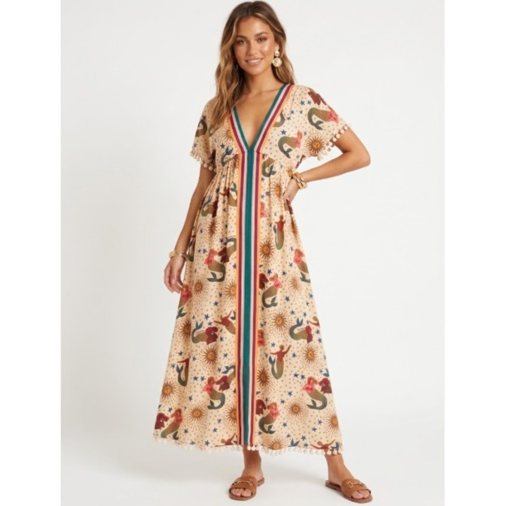 FARM Rio anthropologie long dress XS multicolor mermaid print pom pom sleeves